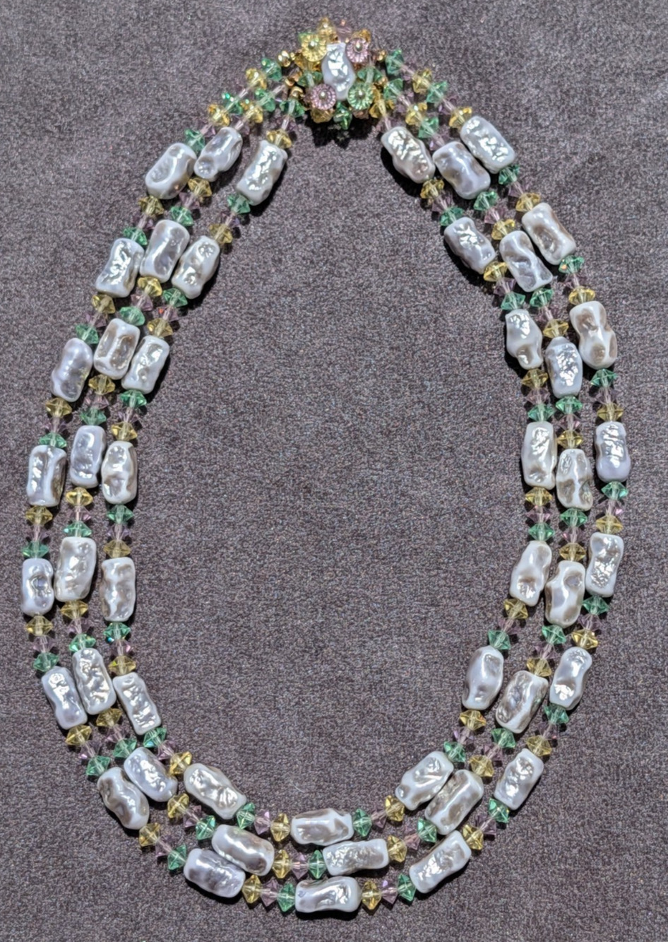 VTG Miriam Haskell Style Pastel Glass Bead & Baroque Pearl Necklace Unsigned